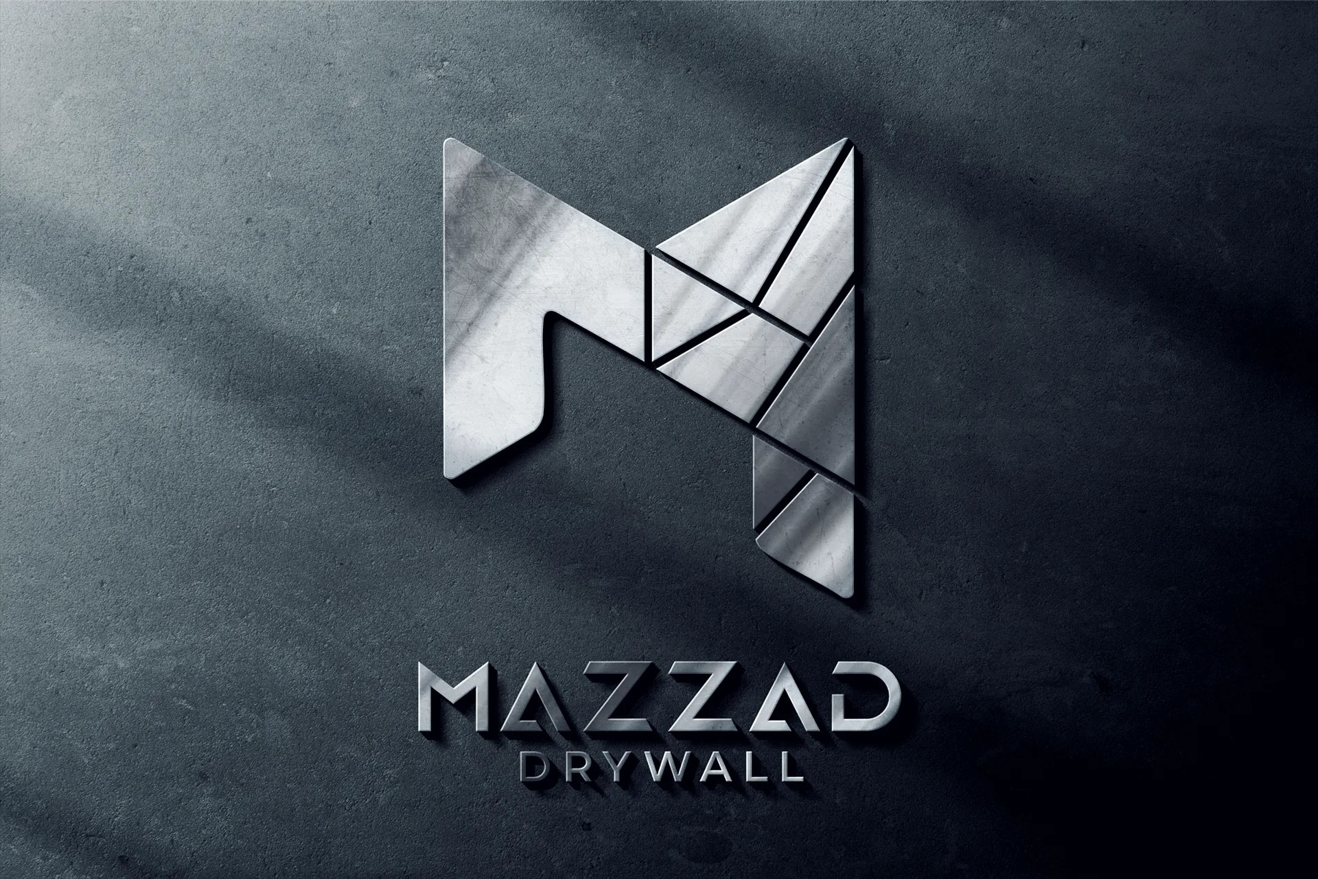 The Mazzad Drywall mark rendered in brushed steel on concrete