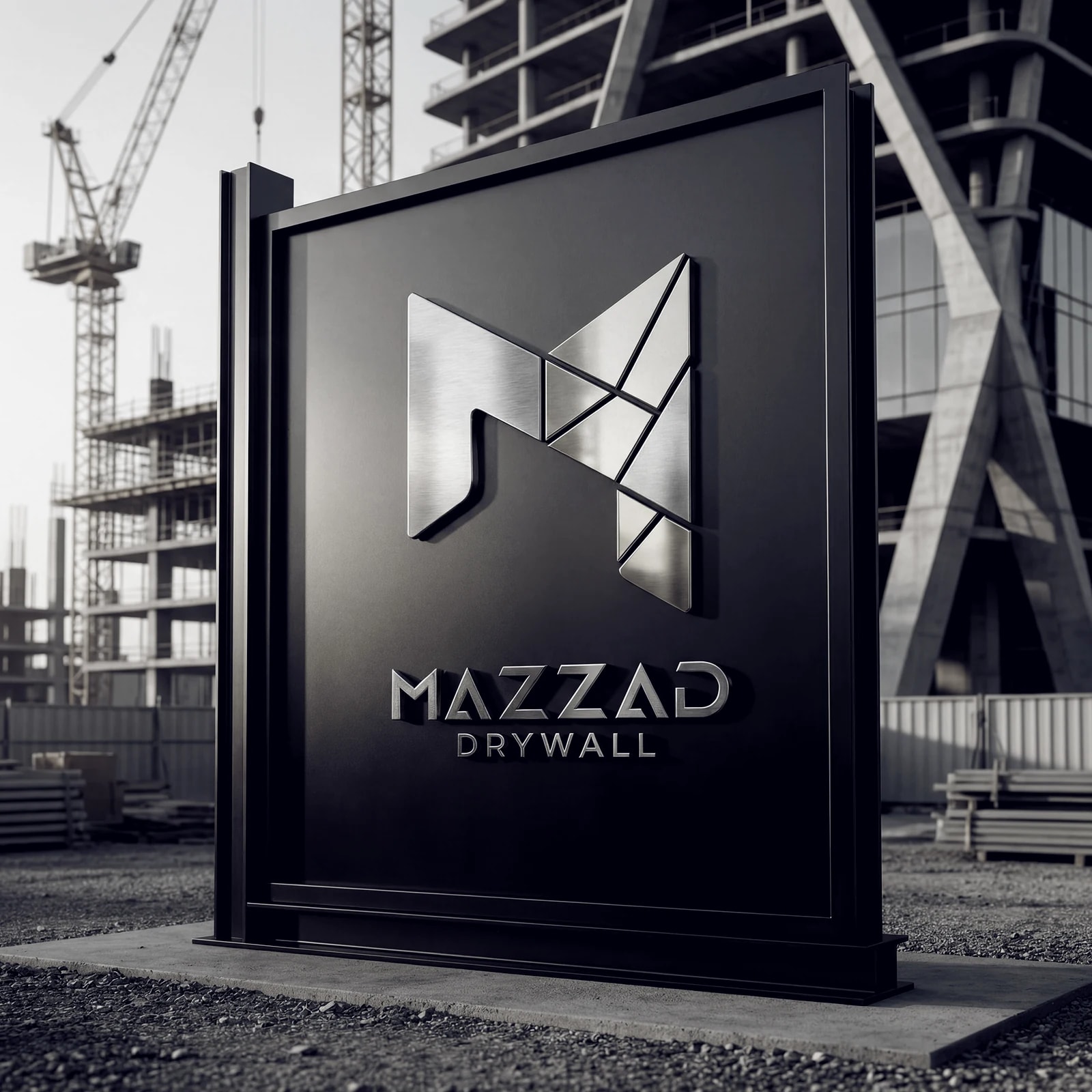 The Mazzad Drywall mark on site signage, with a tower under construction behind