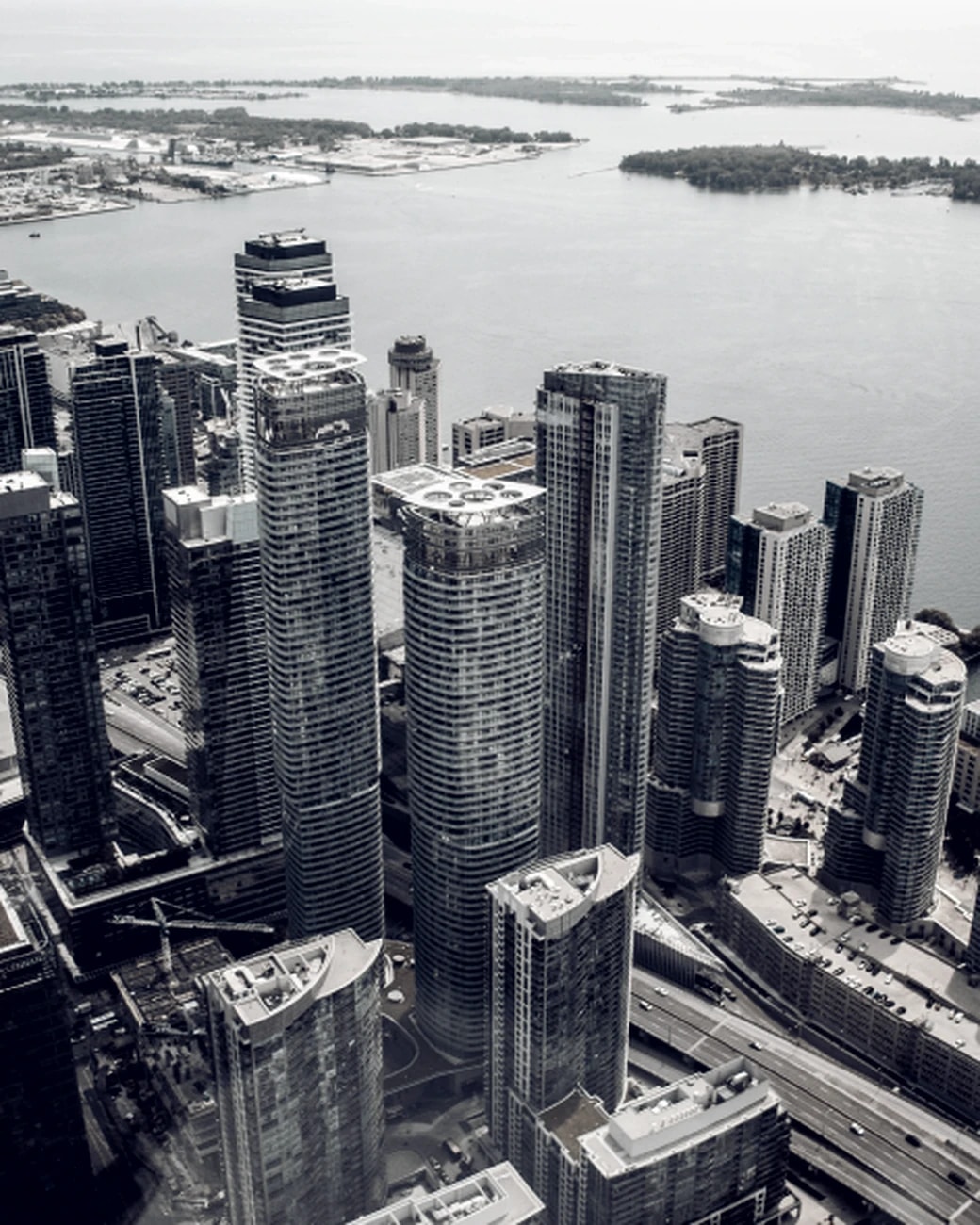 Aerial view across Toronto waterfront condominium towers